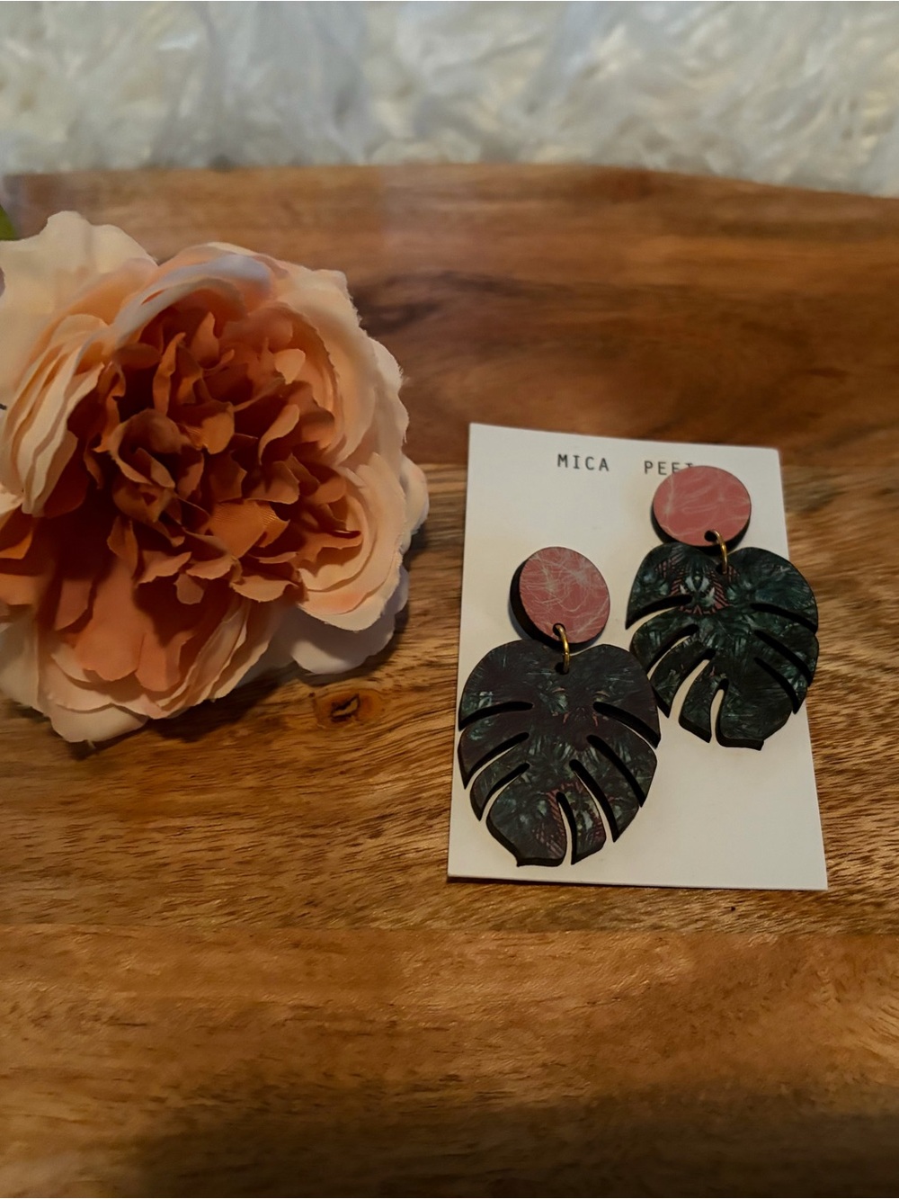 Mica Peet Leaf Drop Earrings - Pink & Dark Green